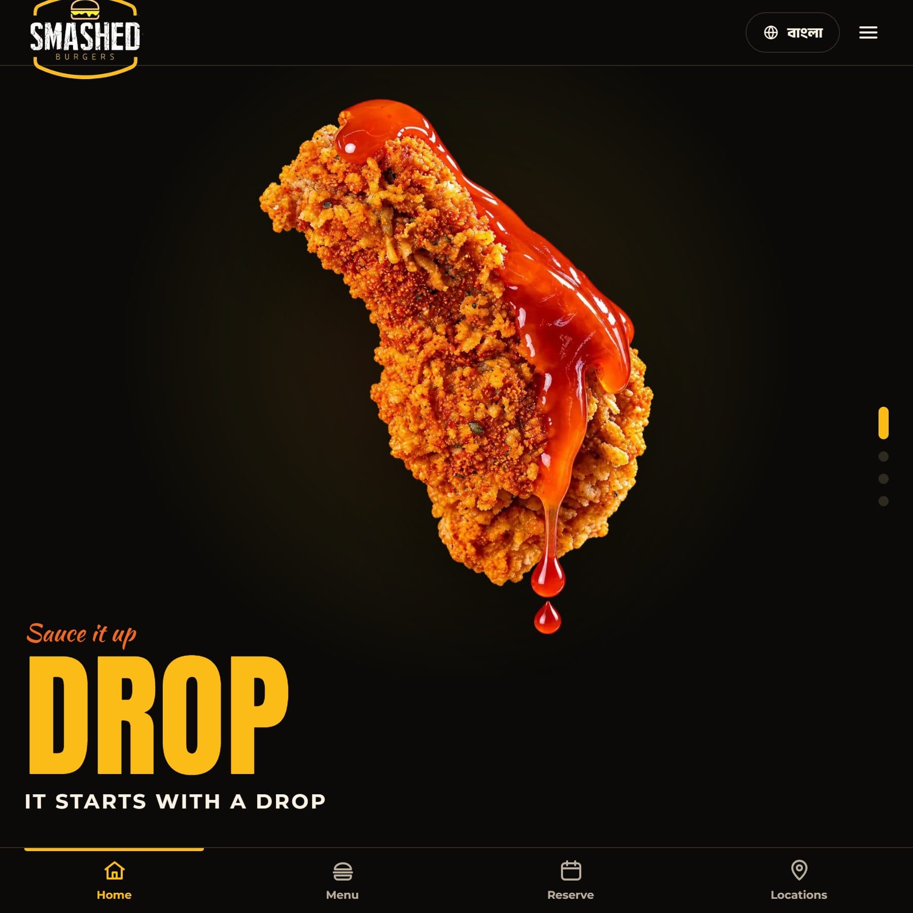 Scroll sequence: a crispy chicken tender with sauce dripping, headline Drop